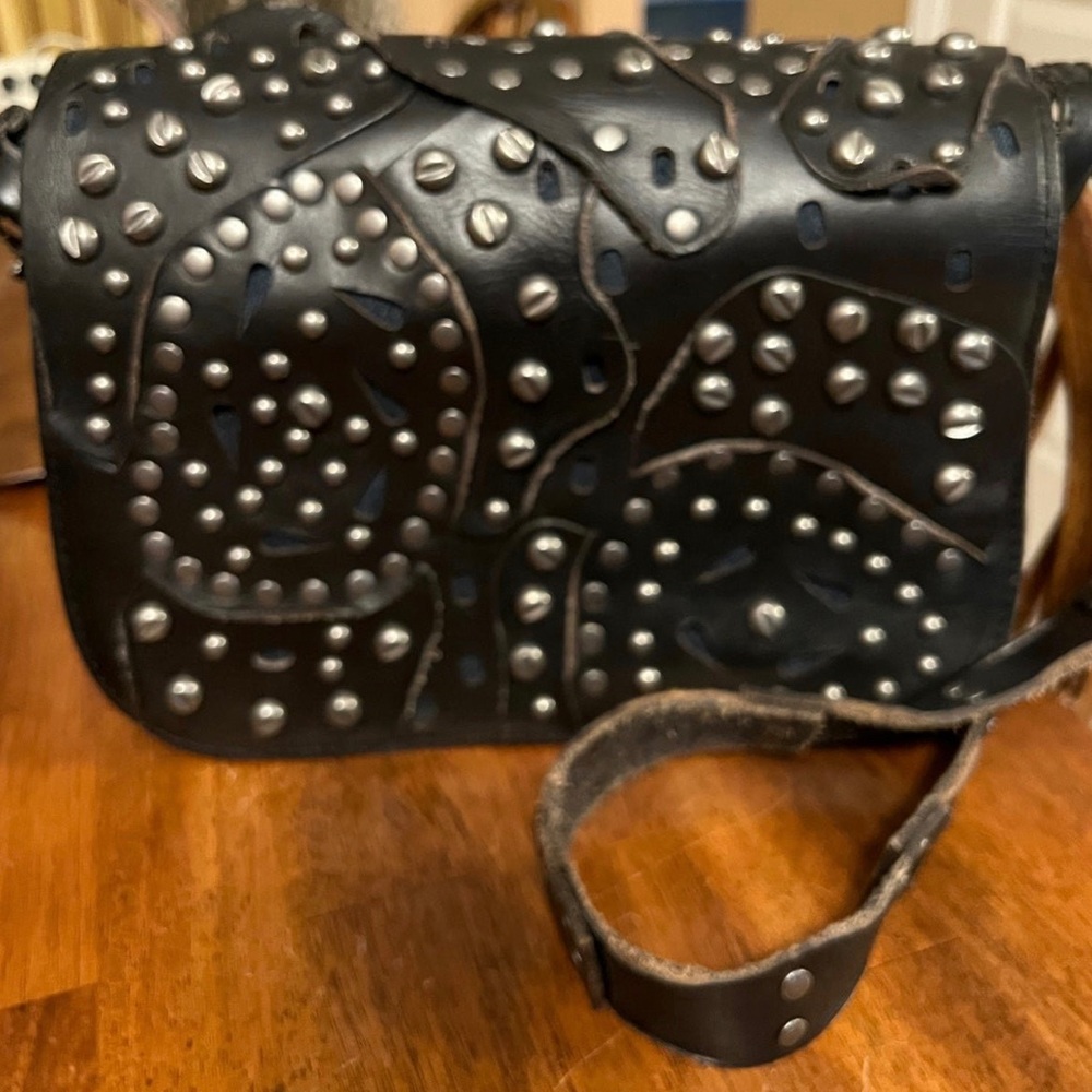 Stunning Patricia Nash Black Leather Crossbody Gunmetal/Silver Studded Purse